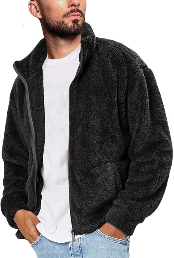Mens Fuzzy Sherpa Jacket Cardigan Fleece Long Sleeve Full Zip Open