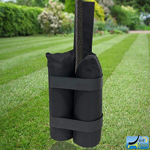 Just Relax UNIVERSAL 4-PIECE HEAVY DUTY WEIGHT BAGS SET by 1400 Denier Polyester with PVC Coating Fabric, Great for Canopy Tents, Gazebos, Outdoor Event, Holds 40 Pounds, Includes Metal Stakes, Black