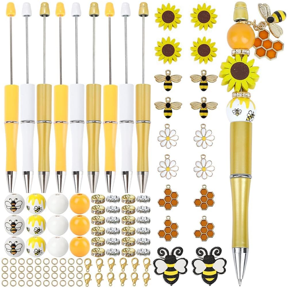 SUNNYCLUE DIY 12 Sets Beadable Pen Bulk Beadable Pens Sets Bee Themed Bead Ballpoint Pen Honeycomb Bees Charms Wood Beads Rhinestone Spacer Beads for Teachers Students Nurses Gifts Office School