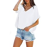 cordat Womens Summer Boho Shirts Hawaiian V Neck Loose Short Sleeves Dressy Tops Blouse