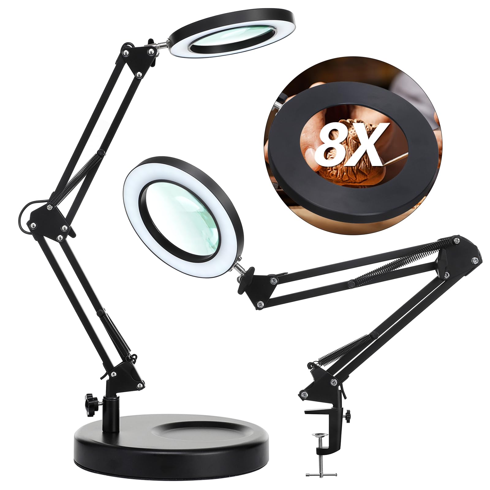 8X Desk Magnifying Glass with Light, NUEYiO 2-in-1 Heavy Duty Base&Clamp Magnifying lamp, 4.1'' Real Glass Len, 3 Color Stepless Dimmable LED Lighted Magnifier Glass for Soldering Crafts Sewing