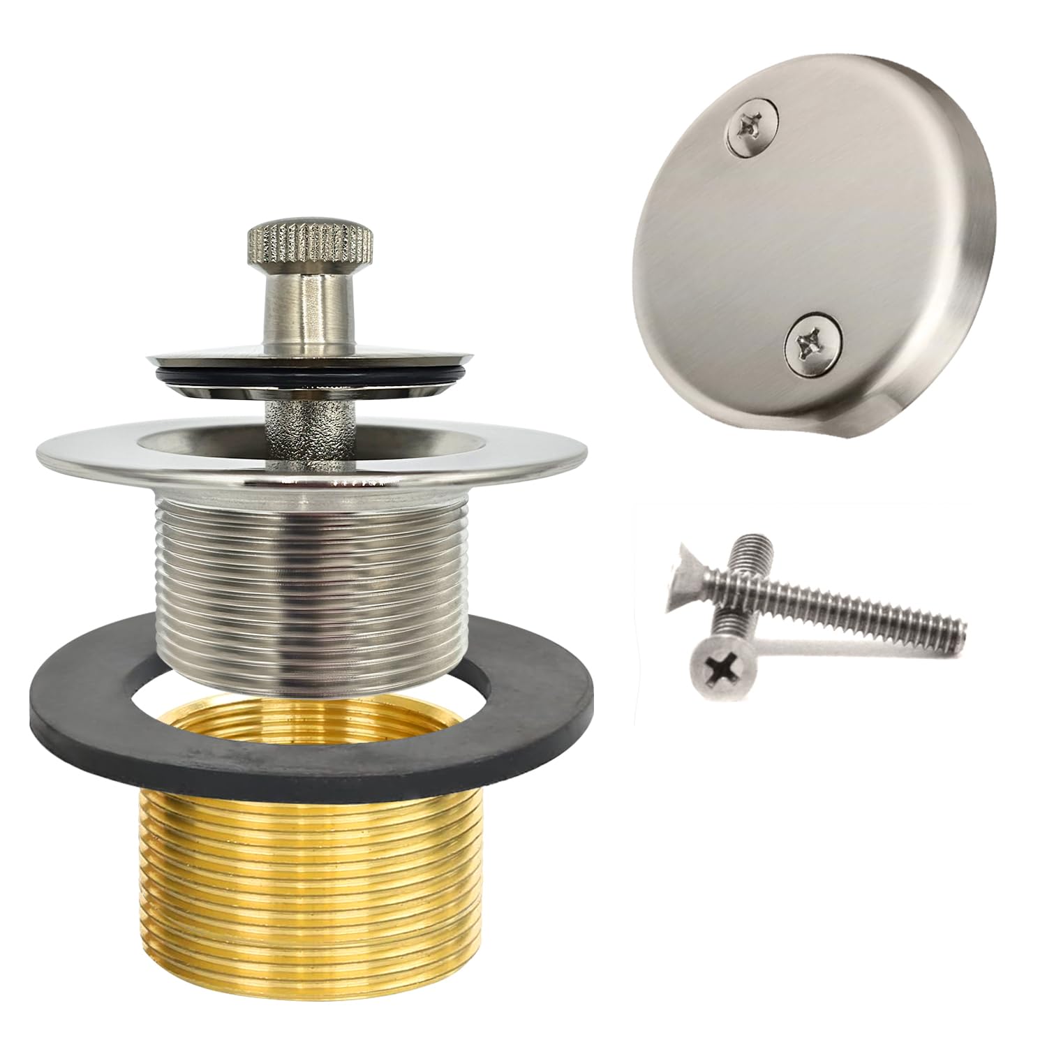 100% Brass Lift and Turn Bathtub Drain Set w/Overflow Plate - Drain Conversion Kit - Fits All Bathtub Sizes - Universal Fine/Coarse Thread - Designed & Tested in America (Brushed Nickel)