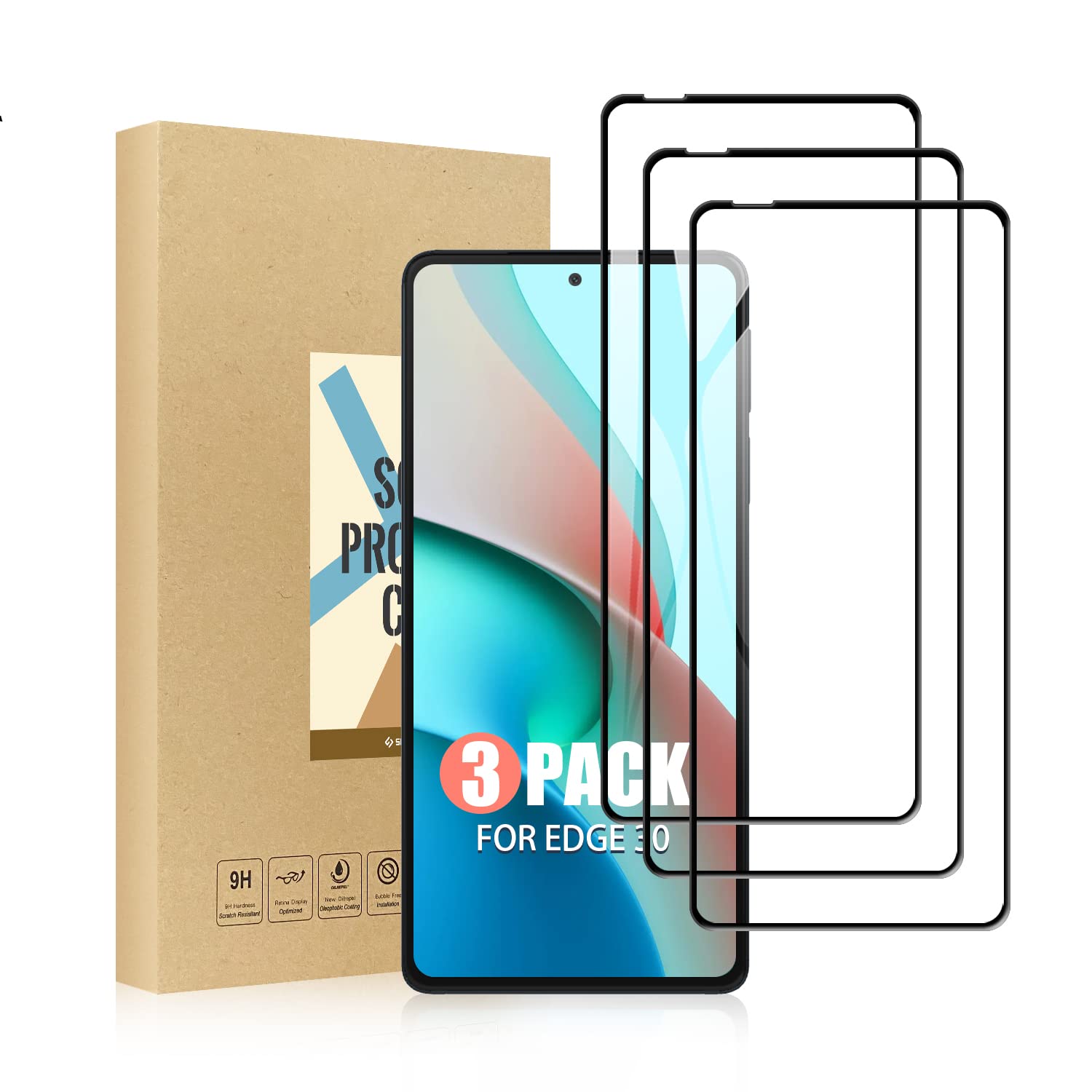 SCL Screen Protector Compatible with Moto Edge 30 Screen Protector Motorola Edge 30 Tempered Glass Film [3-Pack], [Full Coverage, Easy Installation, Bubble-free, 9H Hardness]