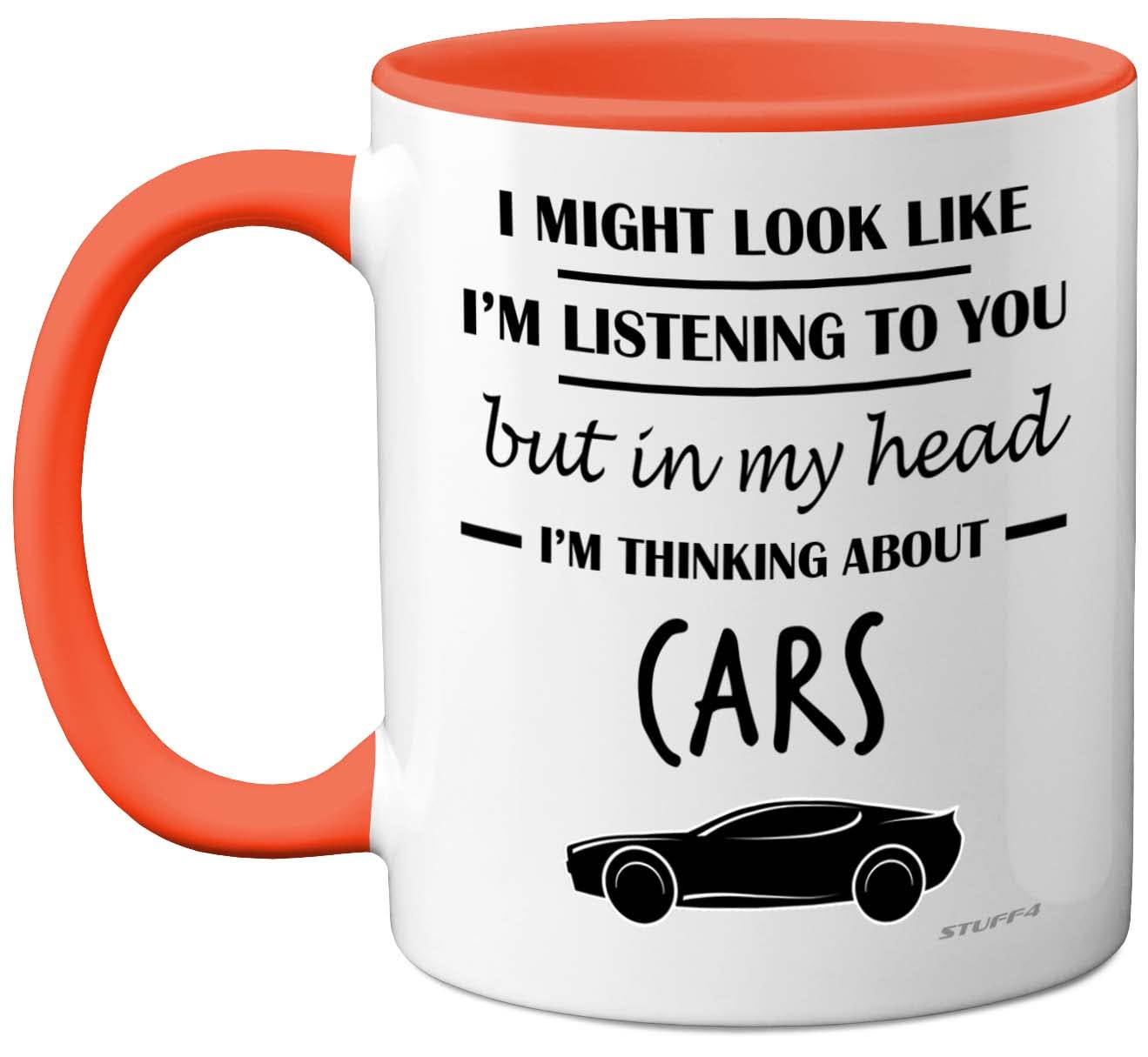 Stuff4 Gifts for Car Enthusiasts - in My Head I'm Thinking About Cars - Funny Classic Mug, Gifts for Lovers, Petrol Head 11oz Ceramic Dishwasher Safe Premium Orange Handle Mugs — image 1