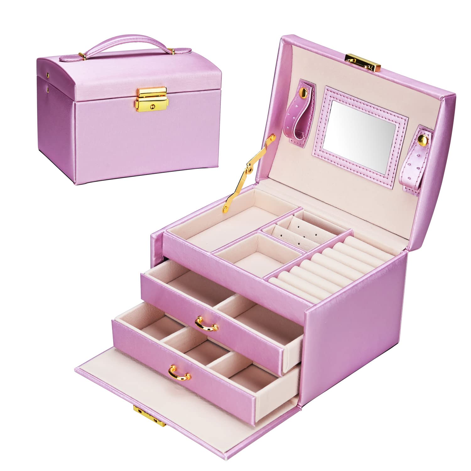 Podazz Women's Jewelry Box Leather Jewelry Organizer Travel Jewellry Box with Mirror Earring Necklace,Ring Display Valentine's Day Mother's Day Birthday Gift for Wife Mother Girl Friend (Purple)