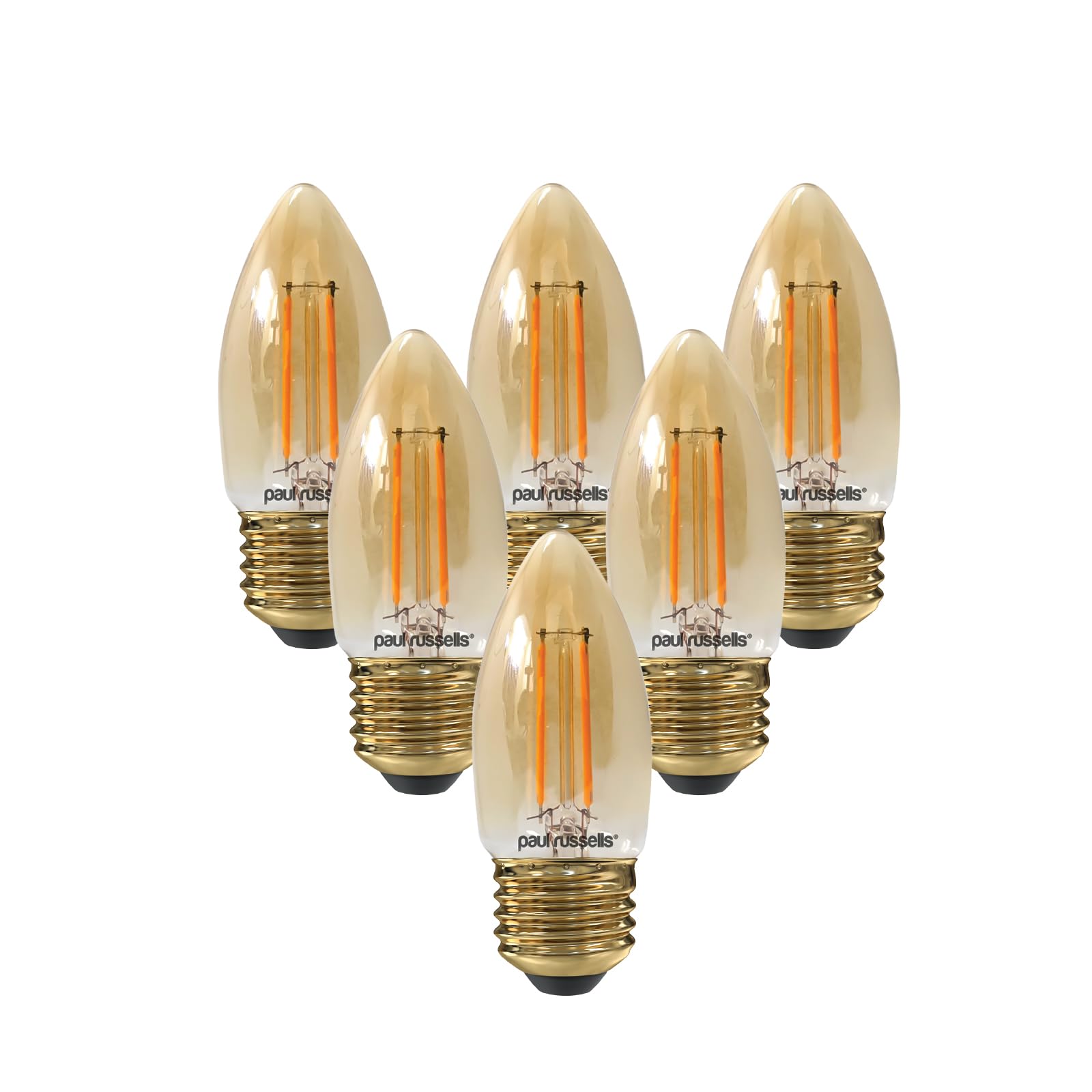 paul russells LED Candle Filament Light – 2.5W 20W Equivalent Replacement, 200LM Lumens, 2200K Extra Warm White, ES E27 Edison Screw C35 Bulbs – Energy Saving Non-Dimmable Lamps - Pack of 6