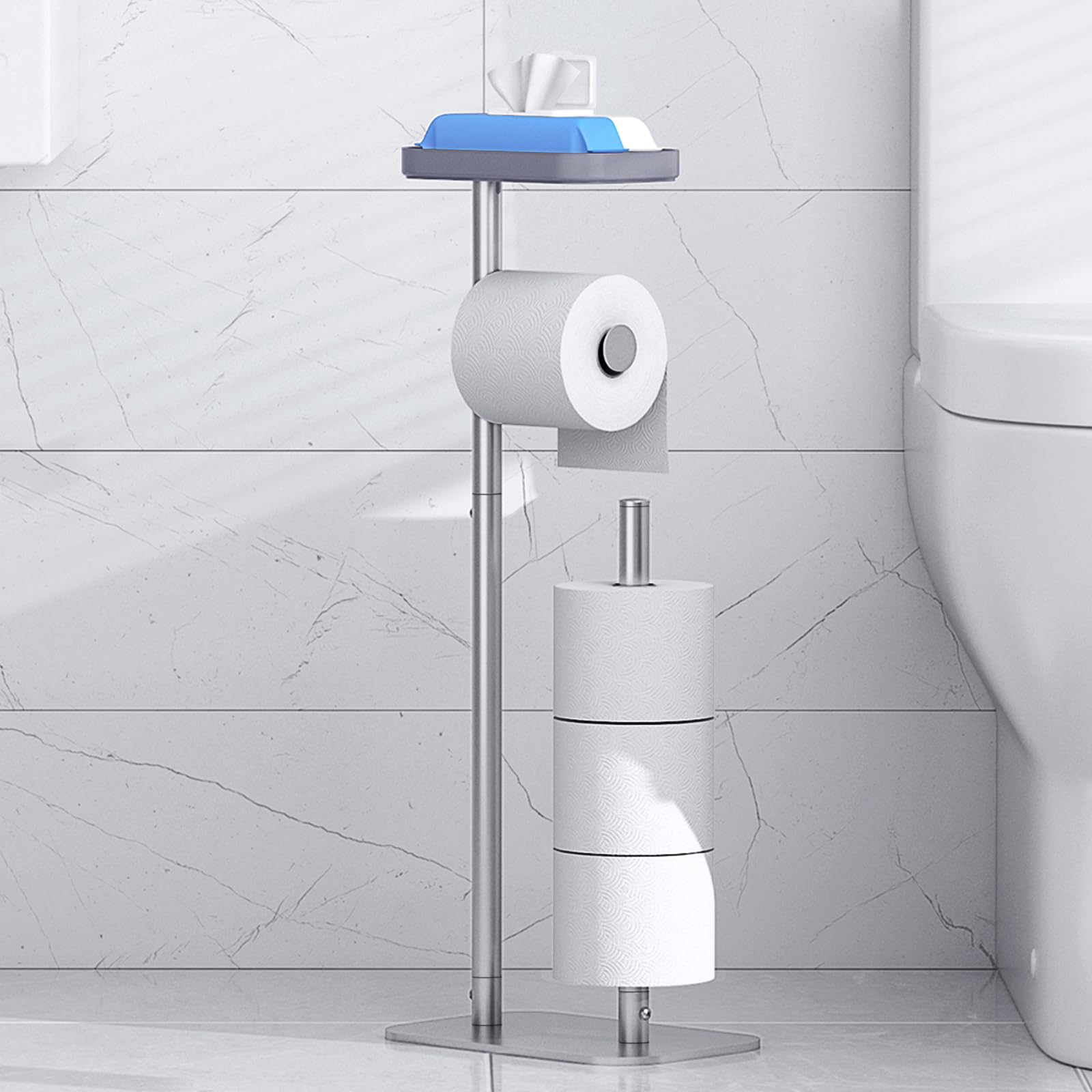 Photo 1 of Kitsure Toilet Paper Holder Free Standing – Rustproof Metal Toilet Paper Stand for 4 Rolls with Anti-Slip Base and Shelf for Phone & Small Items, Bathroom Organizers and Storage, Medium, Silver