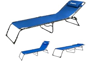 KingCamp Chaise Lounge Removable Pillow 3-Position Adjustable Chair Folding Patio Recliner for Camping Pool Beach Outdoor, Supports 300lbs, Blue, One Size