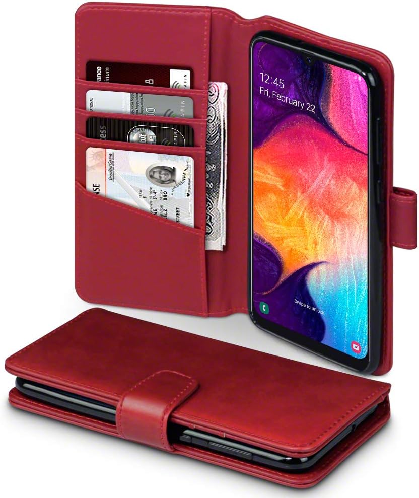 TERRAPIN, Compatible with Samsung Galaxy A50 Case GENUINE LEATHER Wallet Flip Cover - Red
