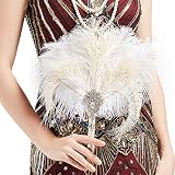 BABEYOND Vintage Bridal Feather Bouquet 1920s Ostrich Feather Fan Crystal Bridesmaid Bouquet 20s Gatsby Wedding Bouquet Flapper Accessories (White)