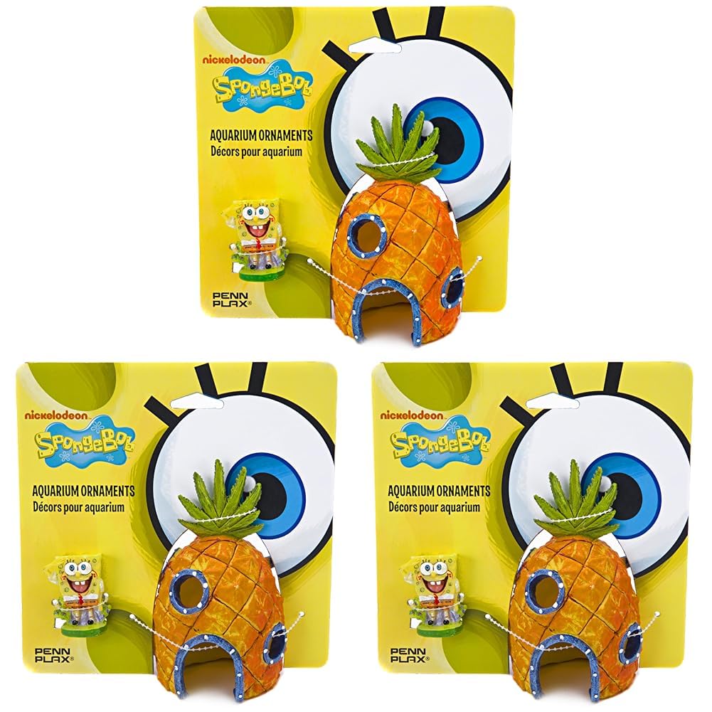 Penn-Plax Spongebob and Pineapple House Aquarium Ornament | 2 Piece Set | Great for Fresh or alt Water Tanks (Pack of 3)