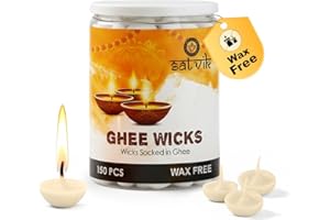 CRAFTSMAN SATVIK Pack of 150 Pure Ghee Wicks for Puja | Ready-to-Use Diya Batti | 30-Min Burn Time | Wax-Free Cotton Wicks | Ideal for Pooja, Meditation, Diwali, and Housewarming Gifts