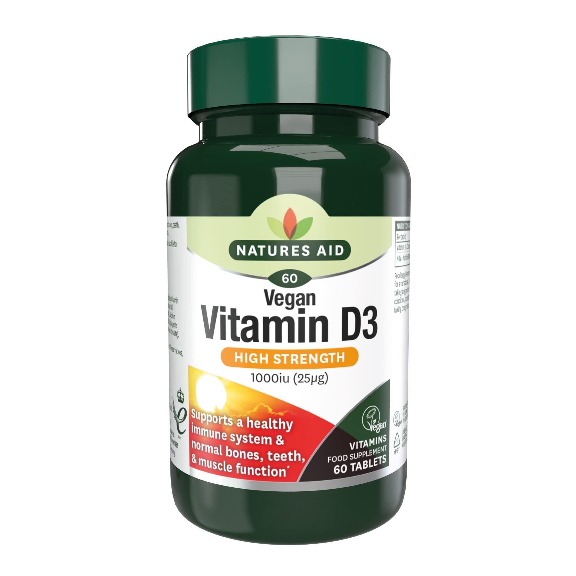 Natures Aid Vegan Vitamin D3 1000iu – High Strength Vitamin D Supplement for Bones, Immune System, Mood & Energy – Natural, Non-GMO, Gluten Free, Vegan Health & Wellness Support – 60 Tablets