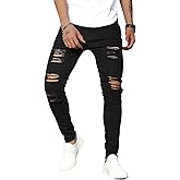 WDIRARA Men's High Waisted Ripped Skinny Jeans Long Denim Pants with Pocket