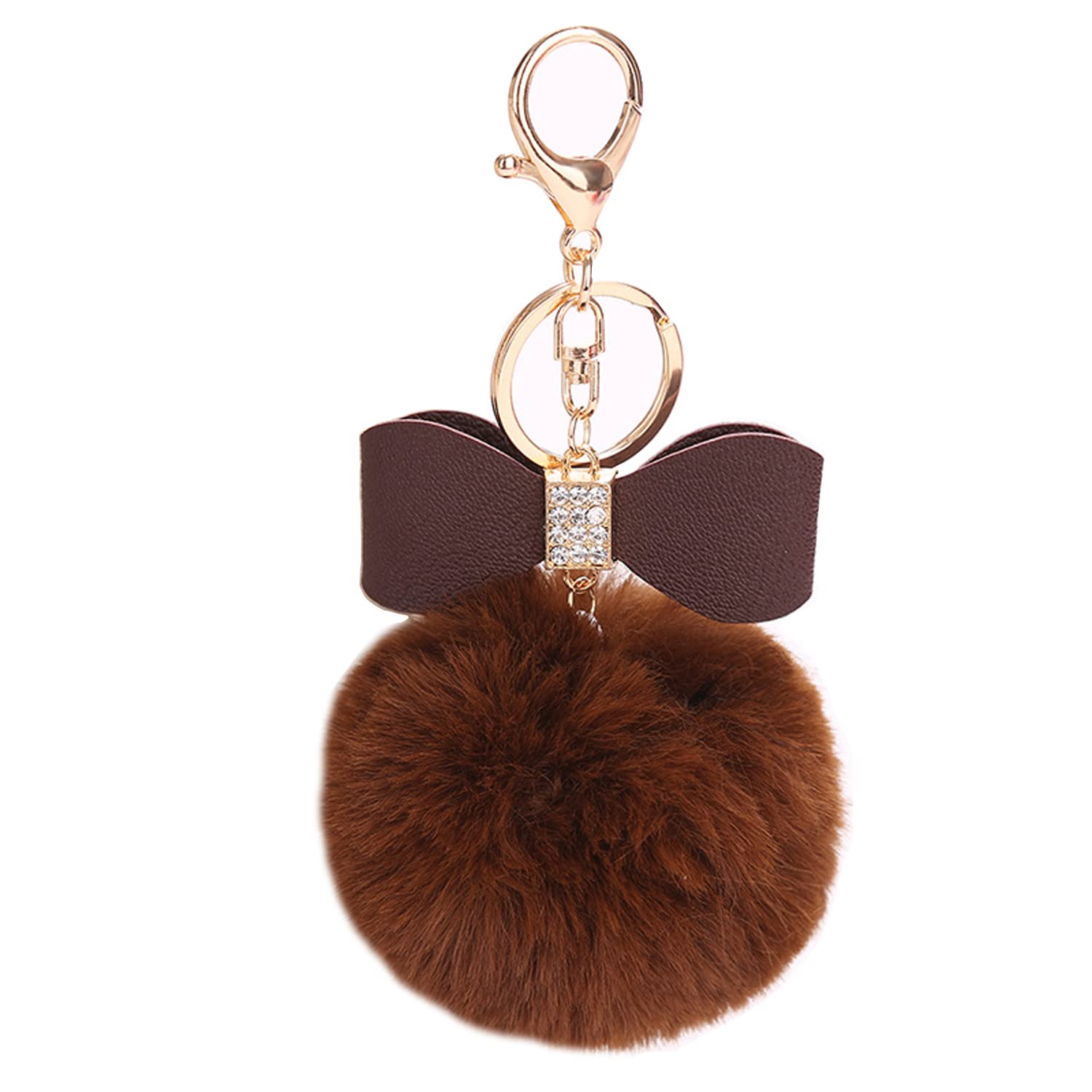 Shining crown Pom Pom Ball Fluffy Keyring Key Chain Bag Charm with PU Bow Deep Coffee
