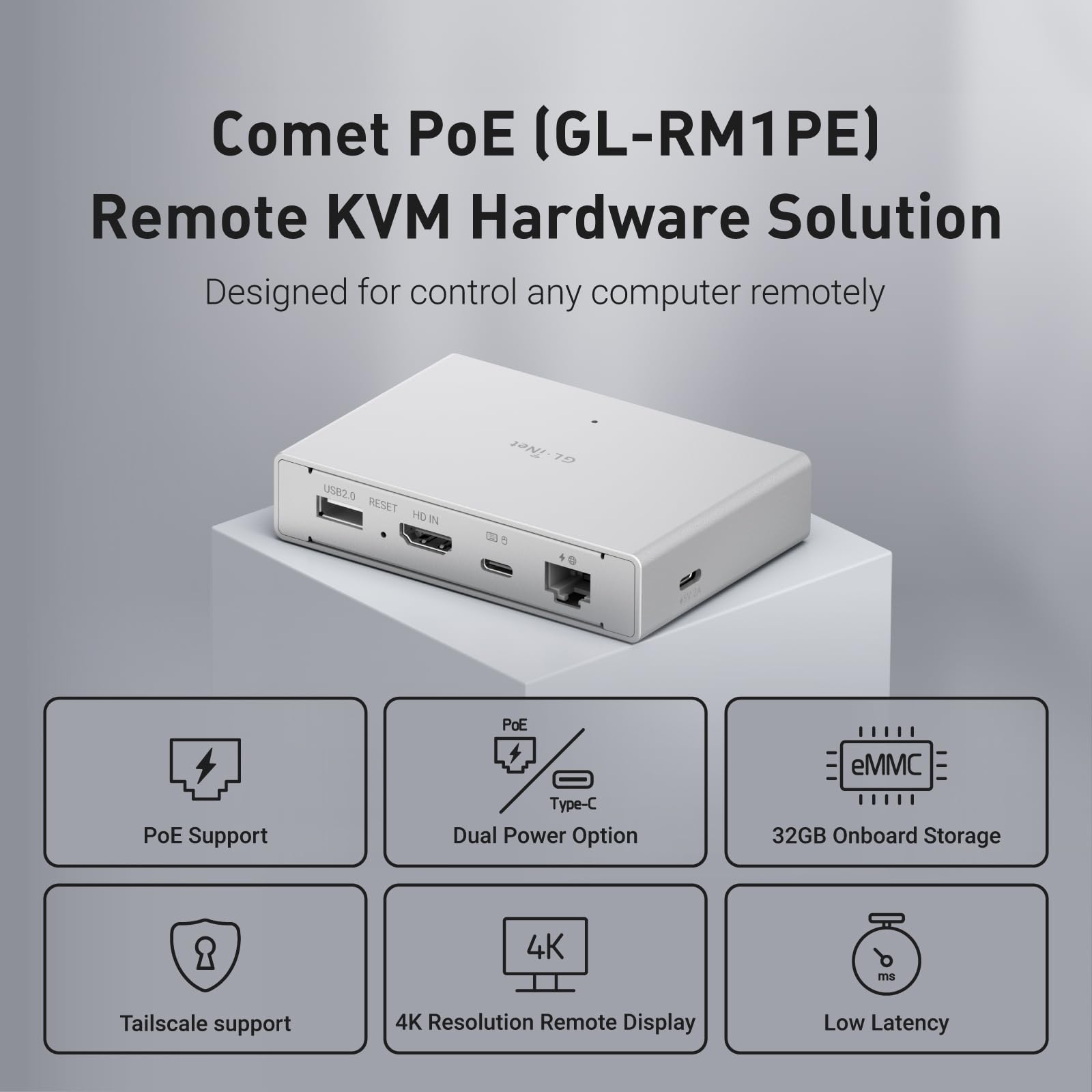 GL.iNet Comet PoE (GL-RM1PE) Remote KVM Control Over Internet - PoE/Type - C Dual Power Option 4K@30Hz,32GB EMMC Tailscale Support for PC Server Remote Access Power Management Adapted KVM Switches