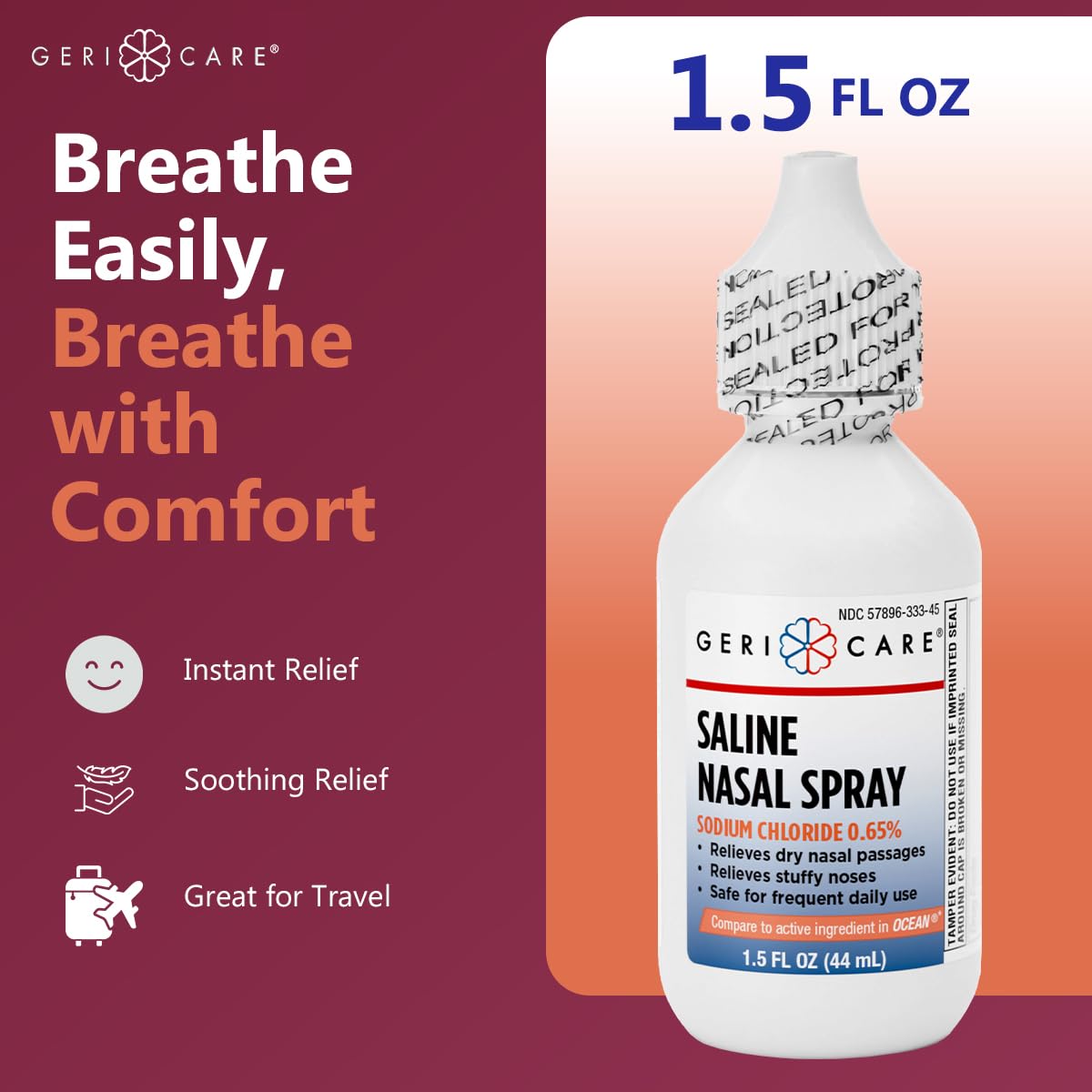 GeriCare Saline Nasal Spray 1.5 FL OZ Moisturizing Sodium Chloride 0.65% (Pack of 6)