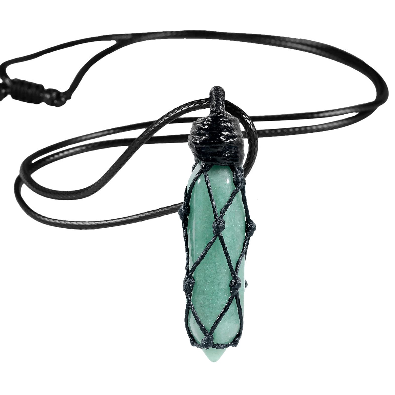 Nupuyai Green Aventurine Hexagonal Quartz Crystal Point Pendant Necklace for Women Men, Natural Wrapped Stone Pendulum Pendant with Adjustable Rope 65cm