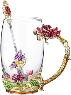 COAWG Teetasse aus Glas Rote Rose Glasklare Neuheit Glas Teetasse Kaffeetassen Reisebecher mit aufwändigem Blumengriff und schönem Löffel Thanksgiving 12oz 1pack