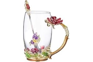 TIANG Flower Glass Tea Mug with Spoon Lead Free Handmade Enamel Rose and Butterfly Clear Glass Coffee Cup with Handle Unique 