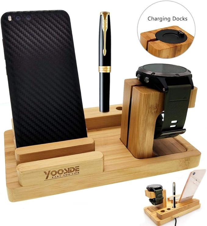 YOOSIDE Compatible with Garmin Watch Charging Stand, 3 in 1 Bamboo Wood
