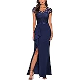 MISSMAY Women's Retro V-Neck Lace Split Style Evening Formal Long Dress