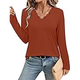 JUSTFASHIONNOW Long Sleeve Shirts for Women Lace V Neck Tunic Tops Dressy Business Casual Blouses Trendy Cute Winter Clothes