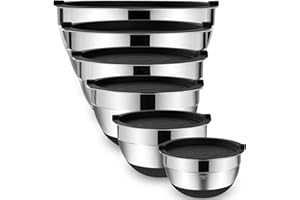 Umite Chef Mixing Bowls with Airtight Lids，6 piece Stainless Steel Metal Nesting Storage Bowls, Non-Slip Bottoms Size 7, 3.5, 2.5, 2.0,1.5, 1QT, Great for Mixing & Serving(Black)