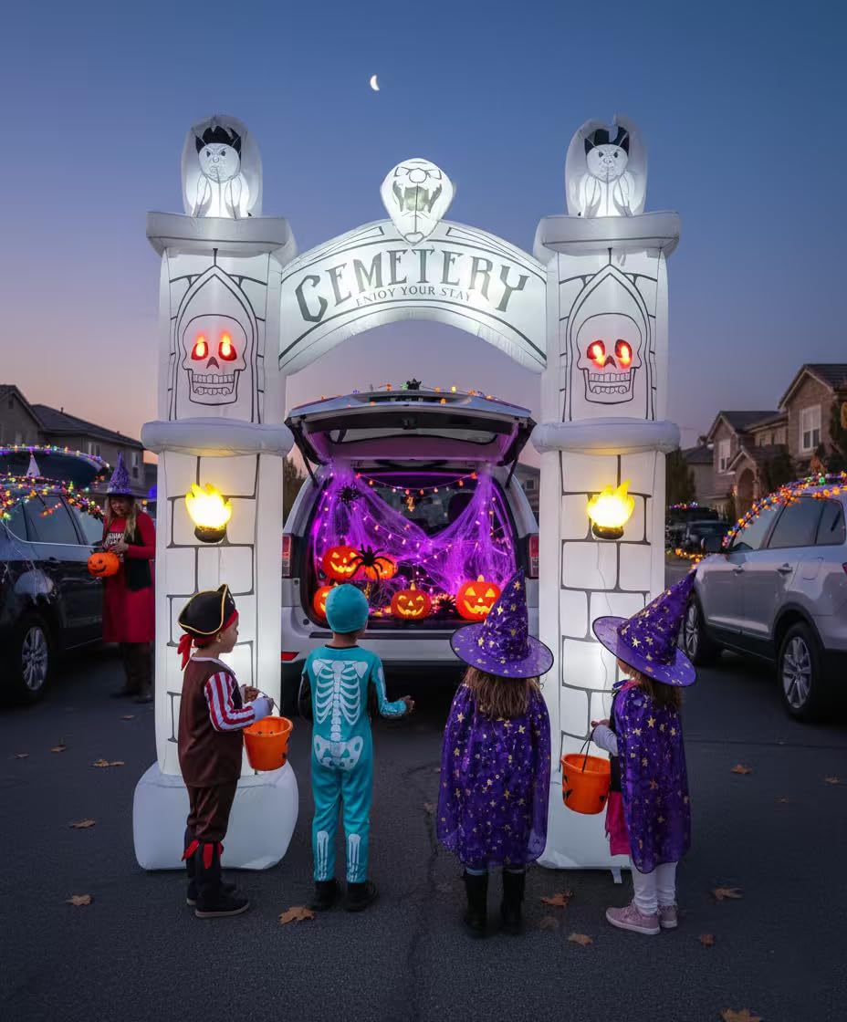 Photo 1 of 7.4FT Halloween Graveyard Trunk or Treat Car Decorations Kit for SUV ? Inflatable Ghost Archway Garage Door Car Decorations Haunted House Car for Halloween Outdoor Party Supplies Outside (Ghost)