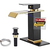 KUZOR Black & Gold Waterfall Bathroom Sink Faucet – Single Hole 304 Stainless Steel Faucet with Metal Pop-Up Drain, Low-Profile Design for Modern Vanities