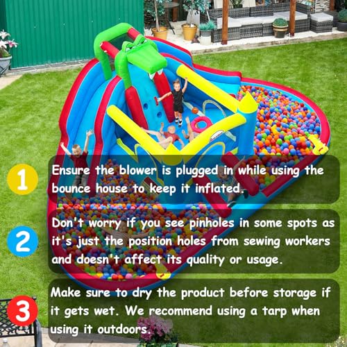 Rolonal Inflatable Bounce House with Water Slides, Double Ball Pit/Water Pool, Crocodile Styling, Climbing Wall, Outdoor Kids Bouncy Castle with Air Blower