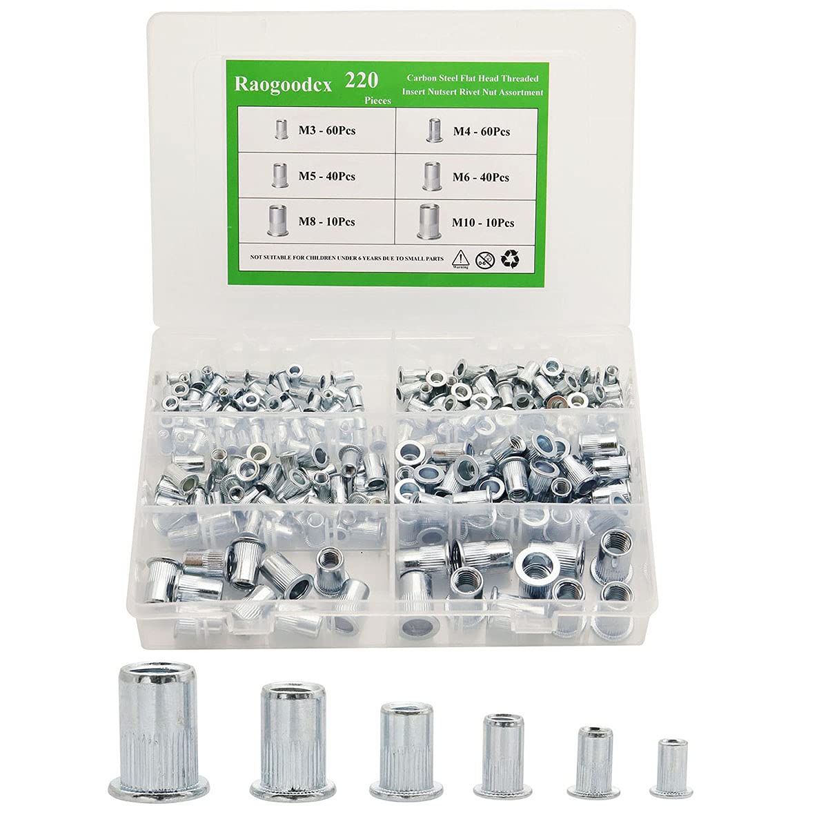 220Pcs Rivet Nut Assort Set Flat Head Threaded Rivetnut Insert Nutserts Assortment Kit - M3 M4 M5 M6 M8 M10