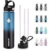 SENDESTAR Insulated Water Bottle 24 oz, Double Wall Vacuum Leak Proof Stainless Steel Sports Water Bottle—Wide Mouth with New Flex Straw Lid & Spout Lid (Deep Blue&Black)