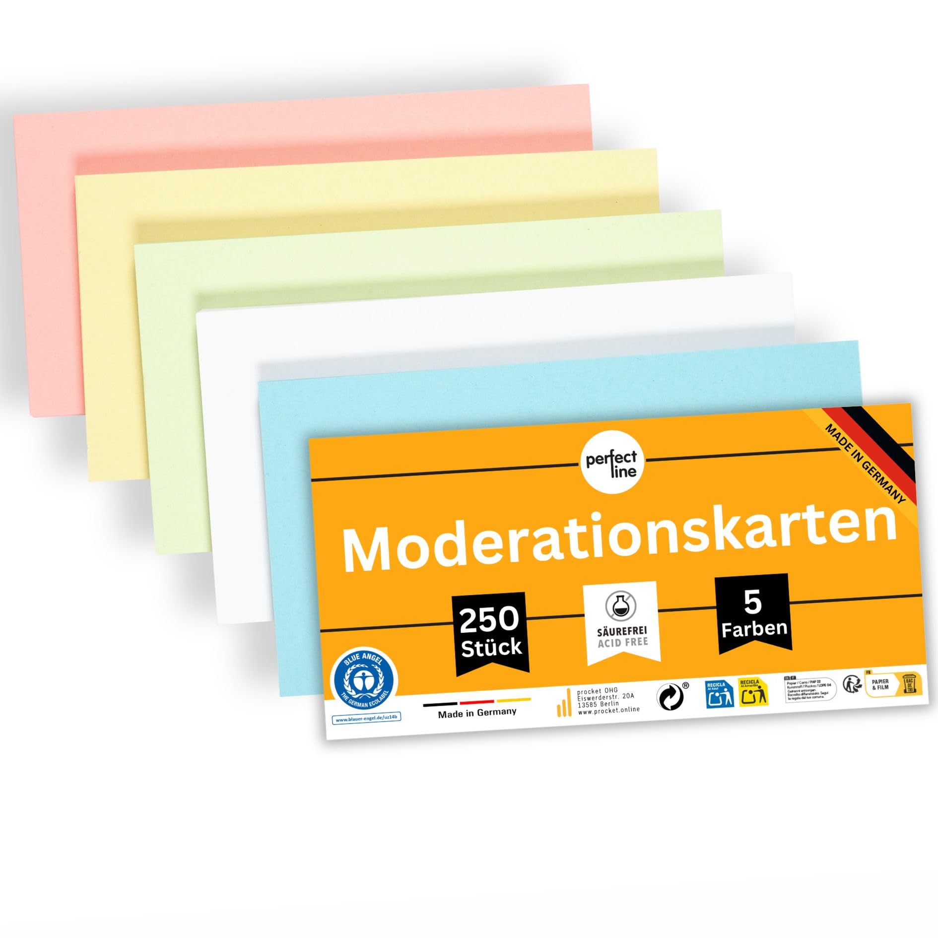 perfect line – 250 Moderation Cards, 20 x 10.5 cm, Extra Strong Recycled Paper, Assorted Colours, Premium Quality, Eco-Friendly, Made in Germany, Blue Angel Certified