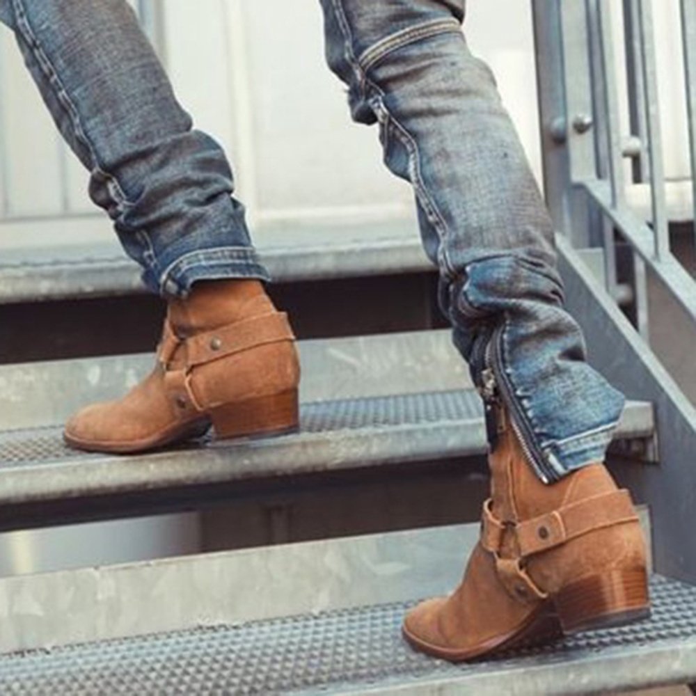LAICIGO Mens Wyatt Harness Boots Chunky Low Heel Zip-up Pointed Toe Faux Suede Winter Ankle Booties - Image 5