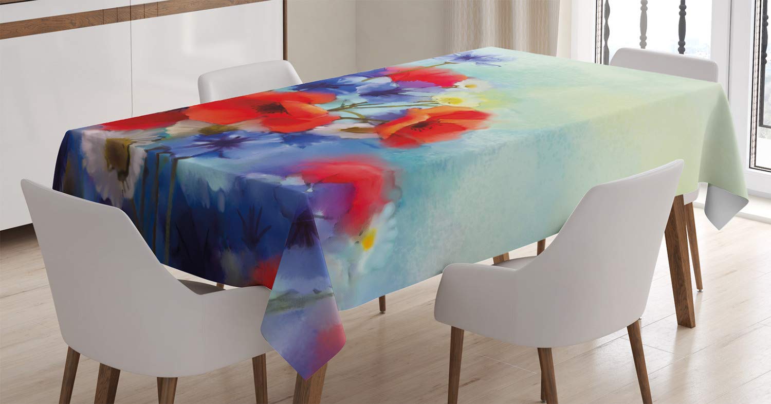 ABAKUHAUS Flower Tablecloth, Close up Structured Bouquet with Flower Types Poppy Peacefulness Indulging Design, Dining Room Kitchen Table Cover, 54" x 78", Blue Red
