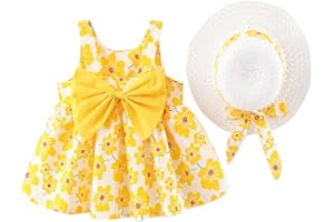 Toddler Baby Girls Summer Sleeveless Dress Holiday Hawaii Princess Beach Sundress Floral Print Dresses with Straw Hat