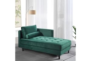 BAMOOLI 64'' Velvet Chaise Lounge Indoor, Modern Longue Chair Upholstered Chaise Longue with Support Pillow, Button Tufted Seat Cushion, Sleeper Sofa Recliner for Bedroom, Living Room, Office, Green