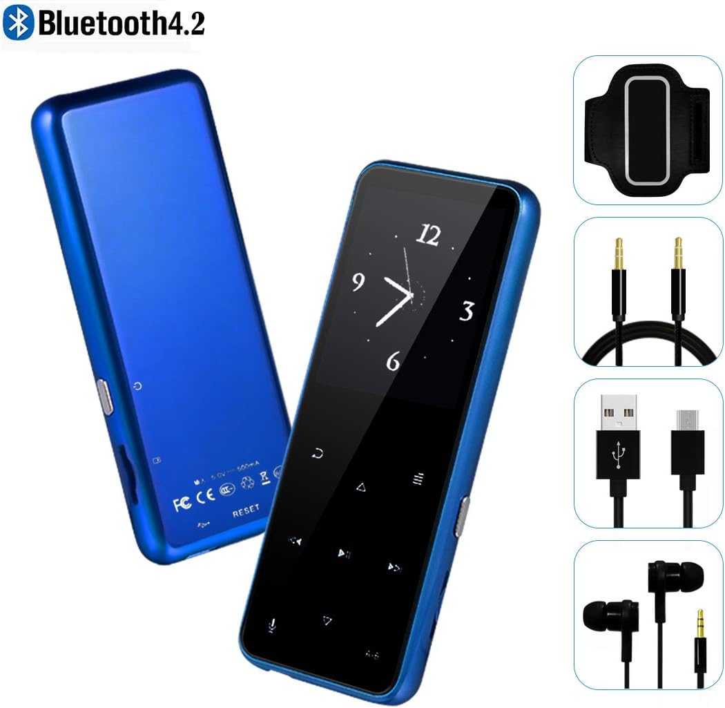 MP3 Player - HonTaseng Bluetooth 4.2 Metal Touch Button Sport Music Player with Armband, 60 Hours Playback Time, HiFi Sound with Voice Recorder and FM Radio, Expandable 64GB TF Card, Blue