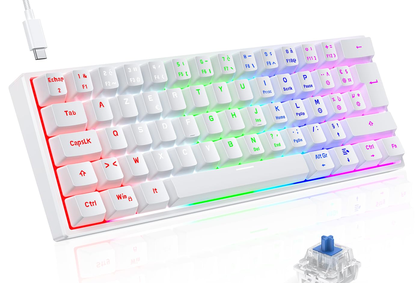TECURS 60% Compact Mechanical Keyboard for Mac/Windows/PC, Ideal for Office & Gaming, RGB Backlit Wired Keyboard with Linear Blue Switch for Fast Response & Smooth Typing, White-FR