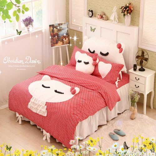 DIAIDI Home Textile,Cute Cat Bedding Set,Girls Polka Dot Bedding Set Queen Twin