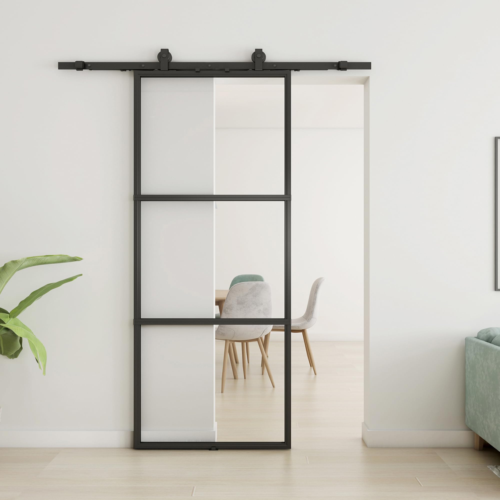 Photo 1 of **SELLING FOR PARTS AS PARTIAL SET. GLASS PANELS ONLY****JUBEST 34in x 80in Glass Barn Door, Clear Tempered Glass Carbon Steel Pre Drilled Frame Sliding Barn Door Panel with 5.7FT Hardware Kit and Soft Close, Easy to Install