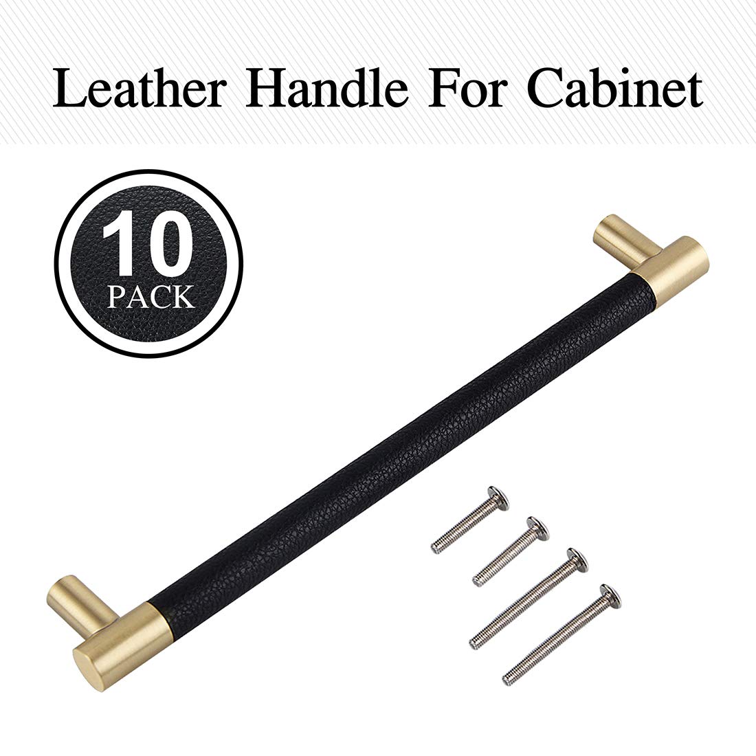 Bar Cabinet Handle Knob Pull Brushed Satin Gold/Brass Finish with Upholstered Black Leather 8.5" (7.5" Hole Center) for Kitchen Cabinet Hardware/Dresser Drawer Handles, 10 Pack