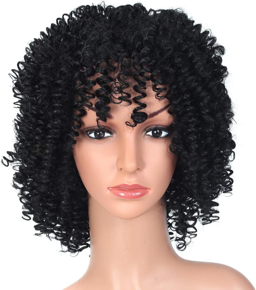 QsuF Hair 12'' Afro Kinky Curly Short Black Synthetic Fiber Wig Fashion Daily Party Wig for Women (1B#)