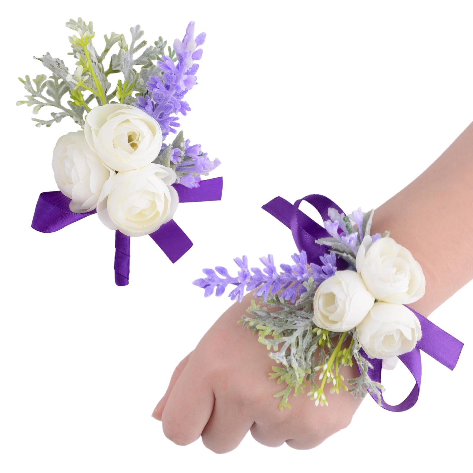 URROMA 2 Pcs Wrist Corsage Flower, Artificial Wedding Wrist Corsage and Boutonniere Set Bride Hand Flower Men Boutonniere for Wedding Bridesmaid Party Prom Decorations, Purple Ribbon