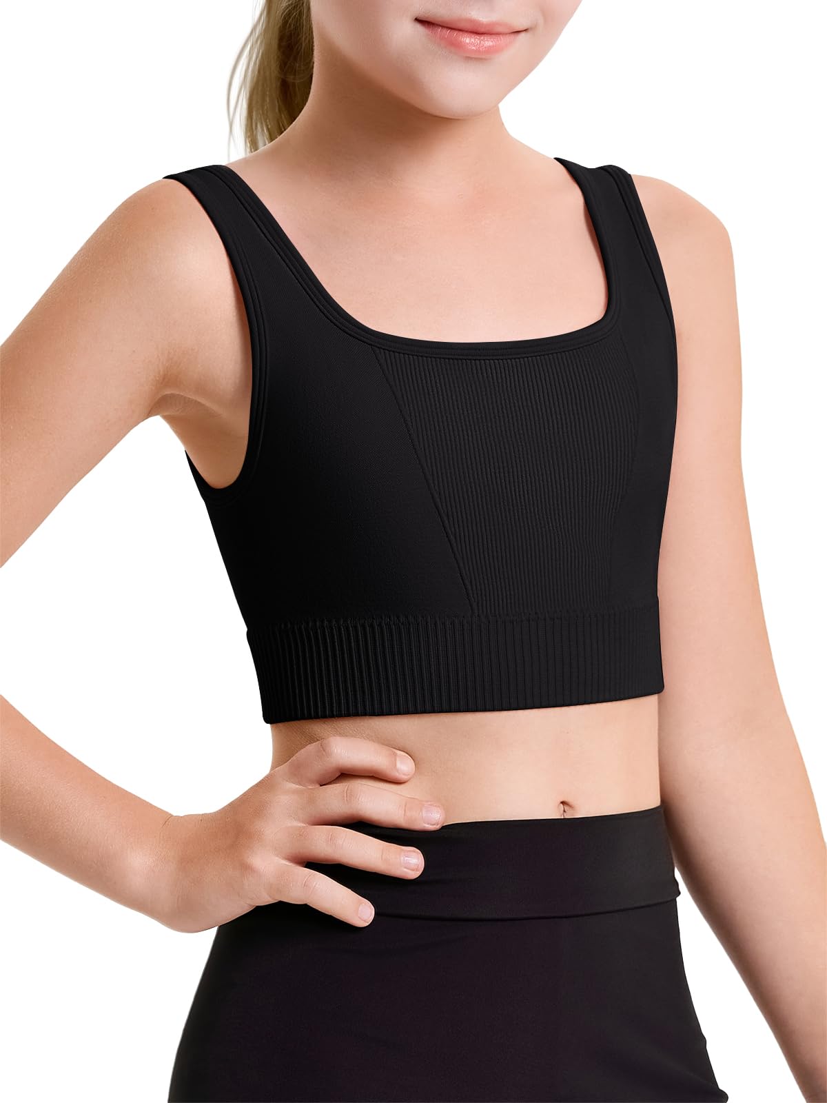 Photo 1 of Haloumoning Girls Training Bra Sports Bra Kids Athletic Seamless Ribbed Stretchy Crop Tops Dance Yoga 5-14 Years Black