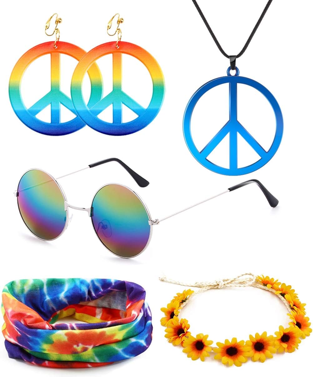 SOOWOOT 5 Pieces Hippie Costume Jewelry Set for Women Men Hippie Peace