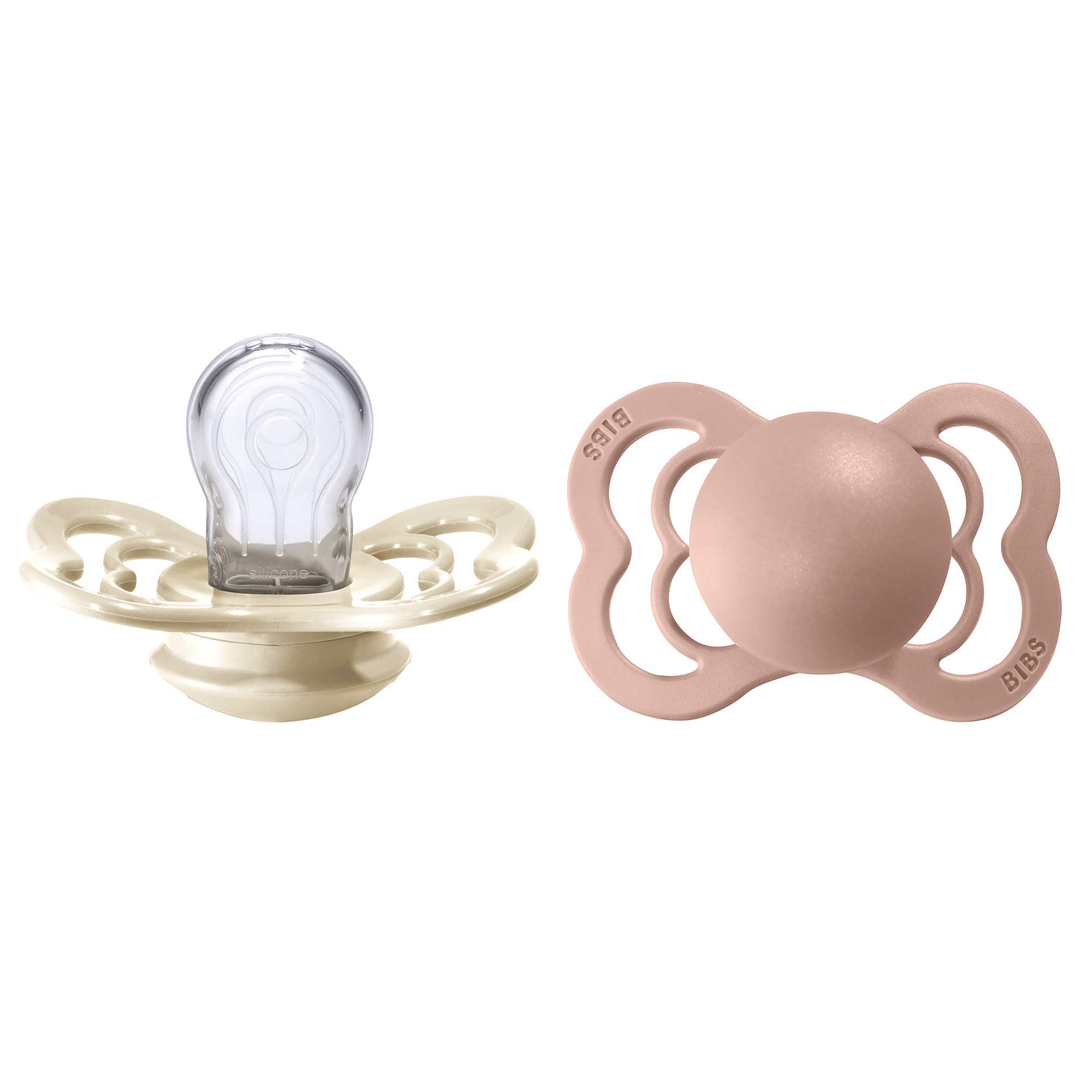 BIBS Supreme Dummies 2 Pack, Symmetrical Nipple, BPA Free, Silicone Dummy Pacifier, Size 1 (0-6 Months), Ivory/Blush