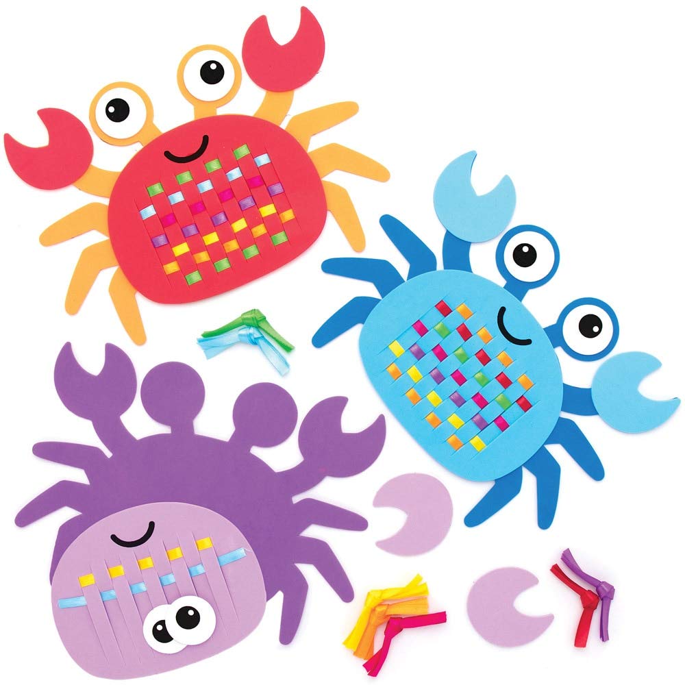 Baker Ross AT890 Crab Weaving Kits for Kids - Pack of 6, Introductory Sewing for Beginners and for Children's Arts and Crafts Projects,Blue,Green,Orange,Pink,Purple,Red, 24 cm