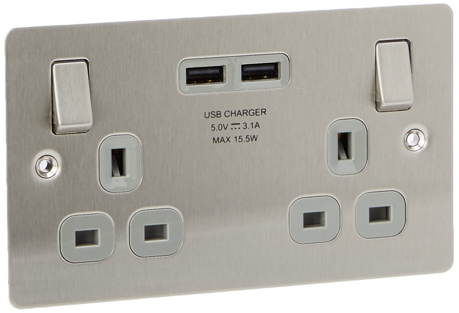 BG Electrical SBS22U3G Screwed Flatplate Brushed Steel Double Switched 13A Power Socket With USB Charging - 2X USB Sockets (3.1A) Grey Insert